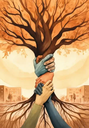 Ilustración de comunidad neurodivergente: árbol con raíces sólidas y manos entrelazadas, simbolizando inclusión y apoyo mutuo.